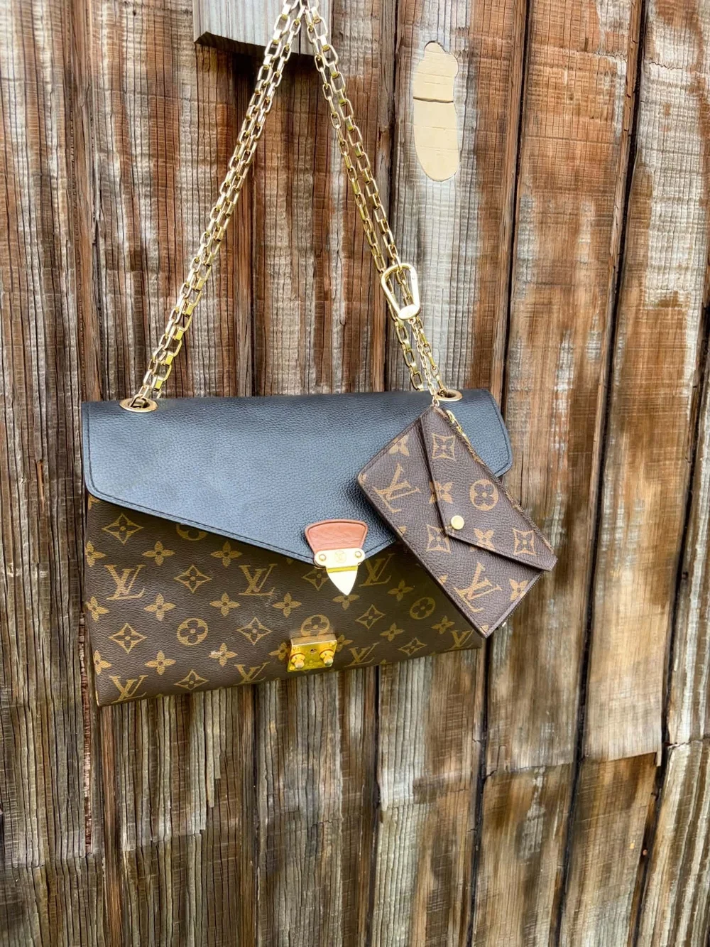 Louis Vuitton Brown Monogram Chain Shoulder Bag with Matching Wallet Set